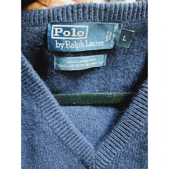 Polo By Ralph Lauren Navy Blue V-Neck 100% Italian Lambs wool Sweater Lg.